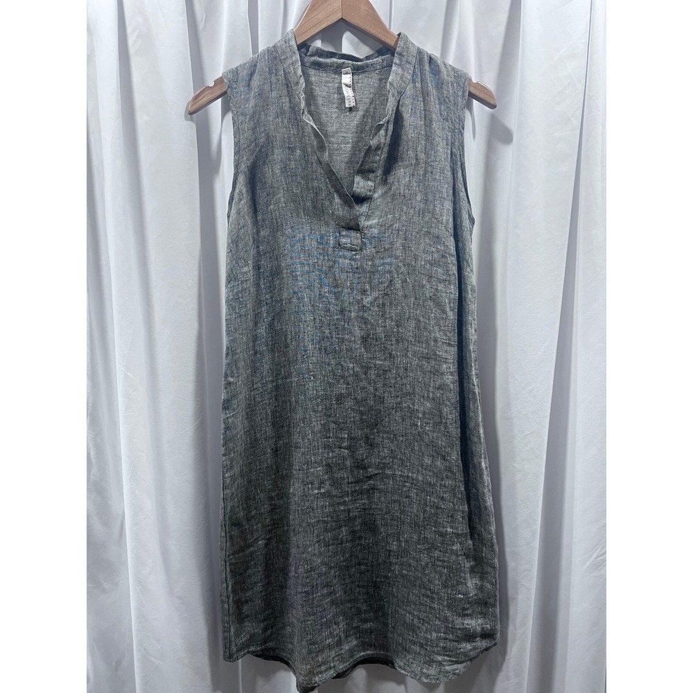 Nuthatch 100% Linen Sleeveless Shift Dress Charcoal Grey Split Neck Maine Made S